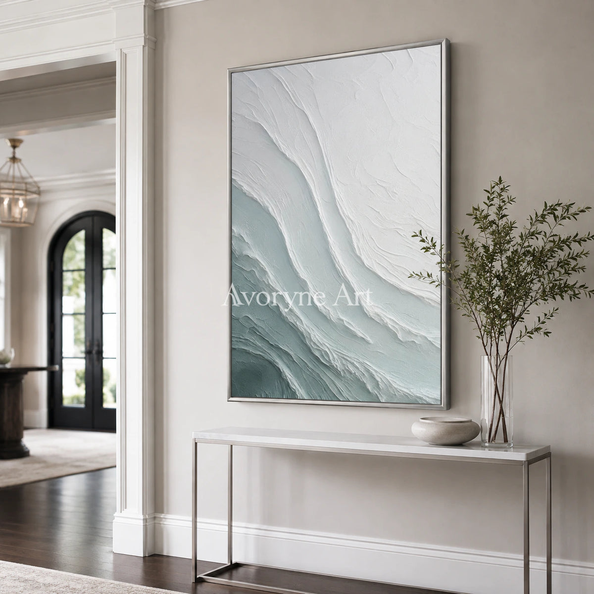 Tidal Veil: Blue Textured Ocean Abstract Wall Art - entryway silver frame