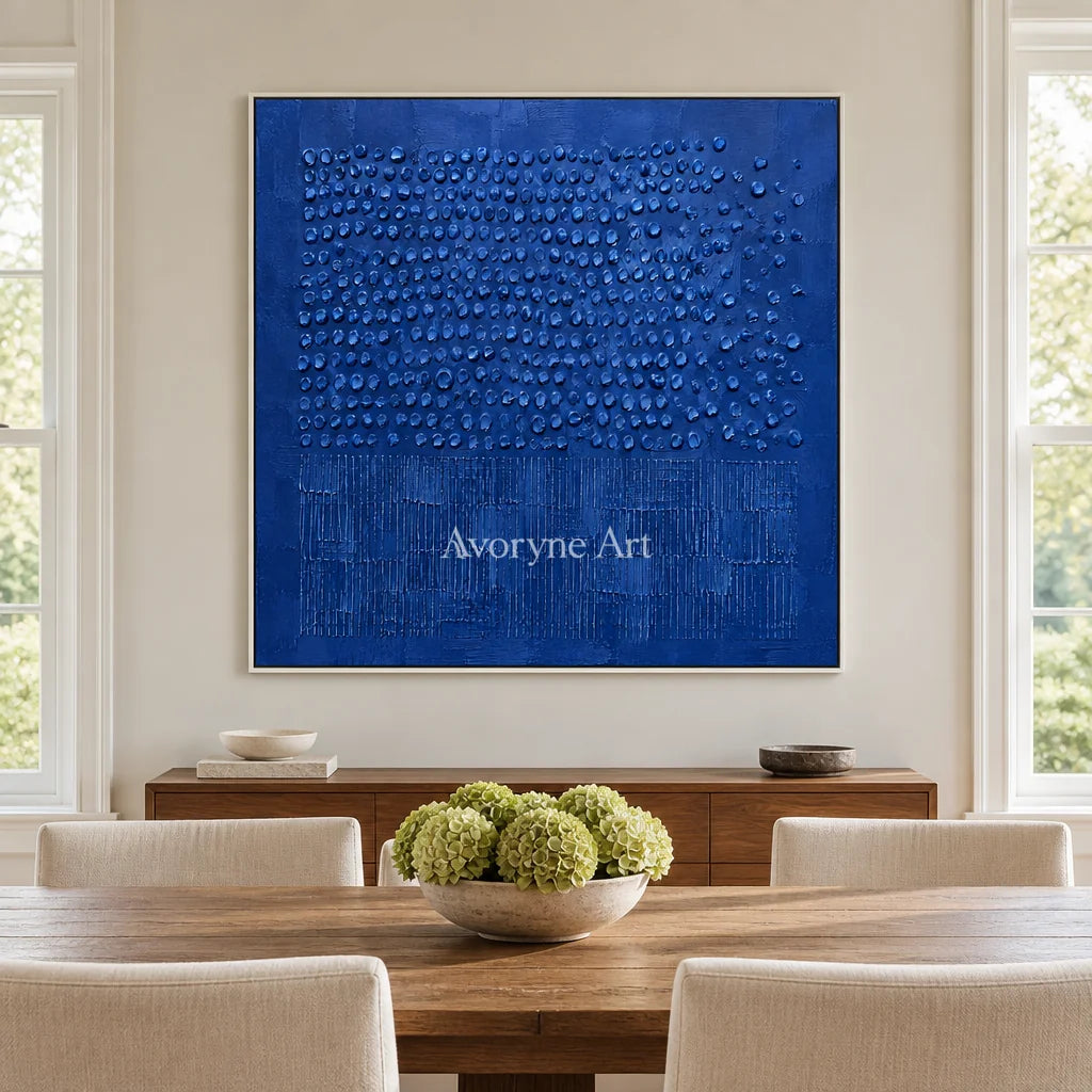 Cobalt Rhythm: Blue Textured Relief Wall Art — dining white