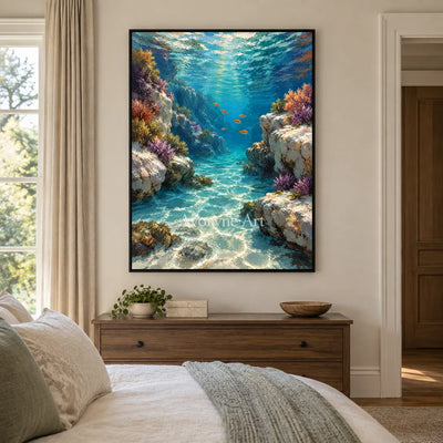 Coral Passage: Blue Underwater Landscape Art — bedroom black