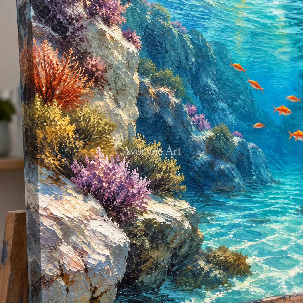Coral Passage: Blue Underwater Landscape Art — detail easel