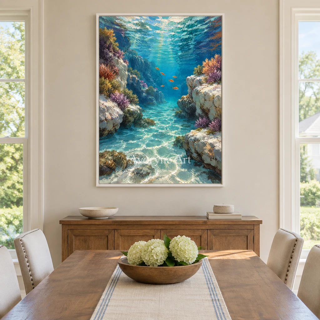 Coral Passage: Blue Underwater Landscape Art — dining white