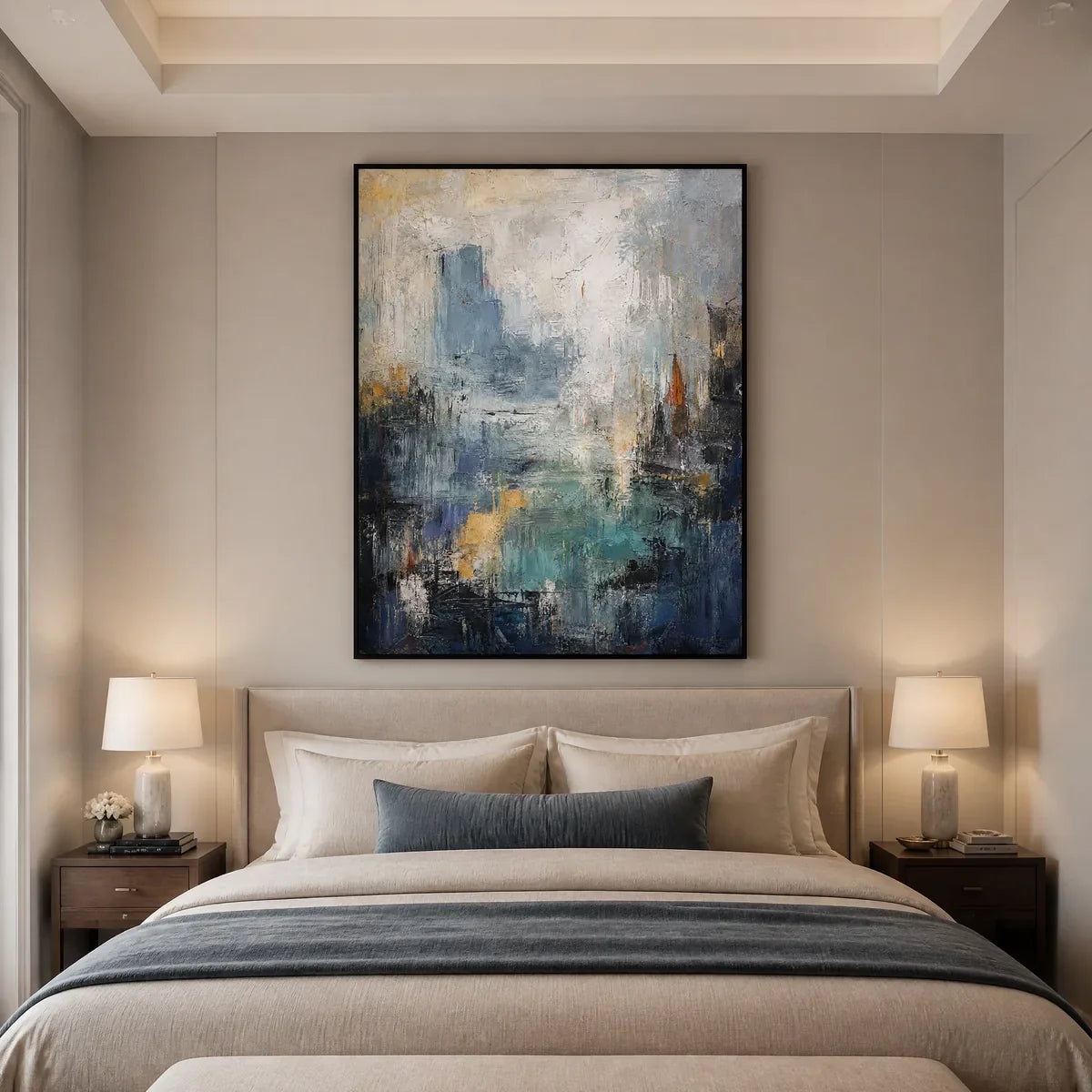 Blue Veil: Abstract Cityscape Wall Art - bedroom black frame