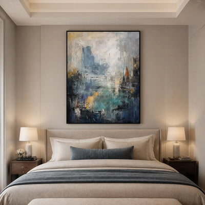 Blue Veil: Abstract Cityscape Wall Art - bedroom black frame