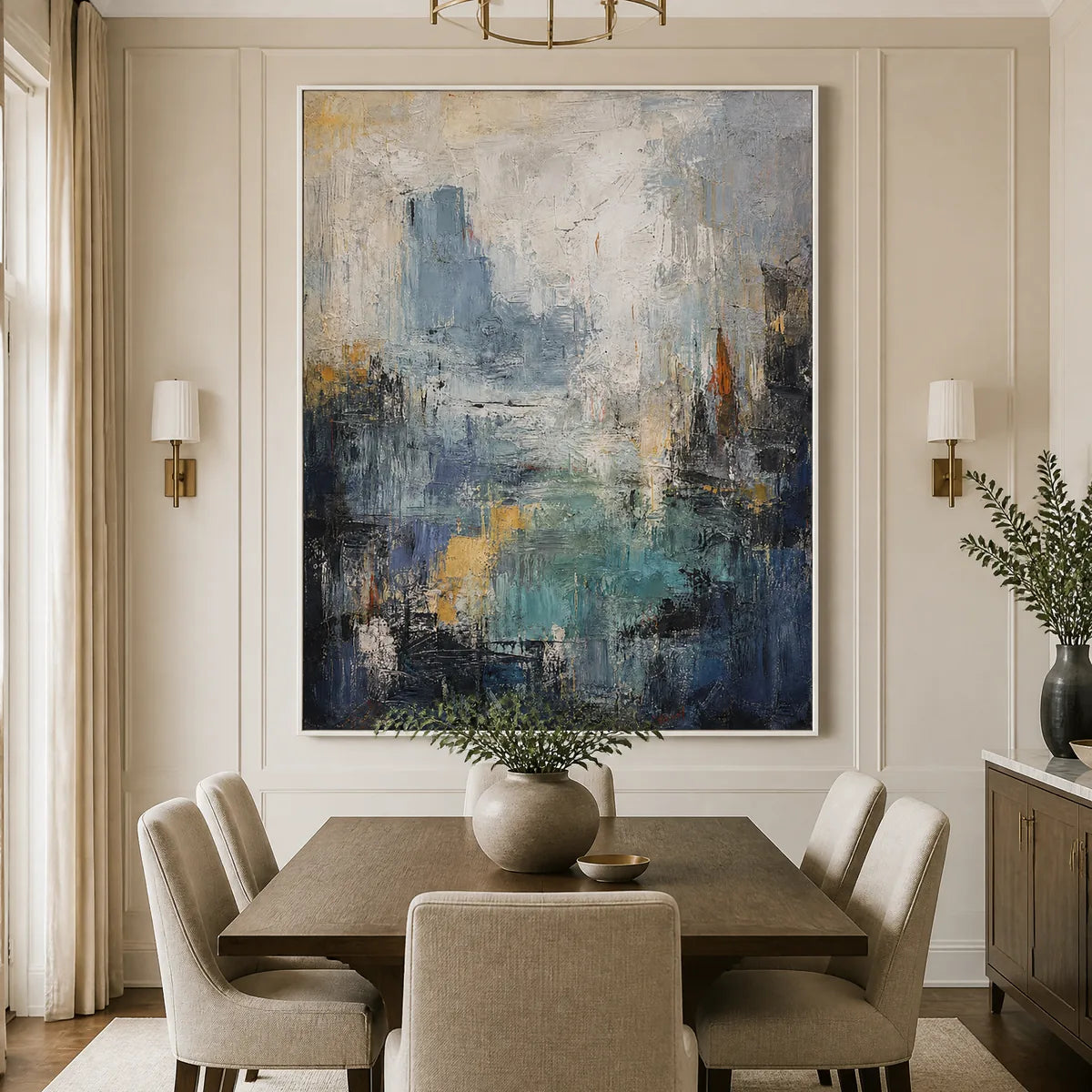 Blue Veil: Abstract Cityscape Wall Art - dining room white frame