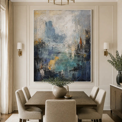 Blue Veil: Abstract Cityscape Wall Art - dining room white frame