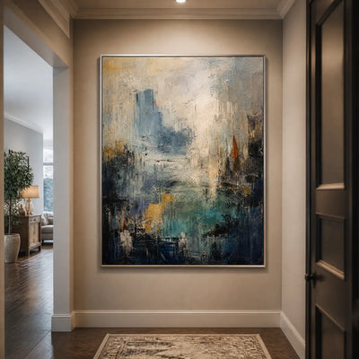 Blue Veil: Abstract Cityscape Wall Art - hallway silver frame