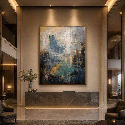 Blue Veil: Abstract Cityscape Wall Art - hotel wood frame