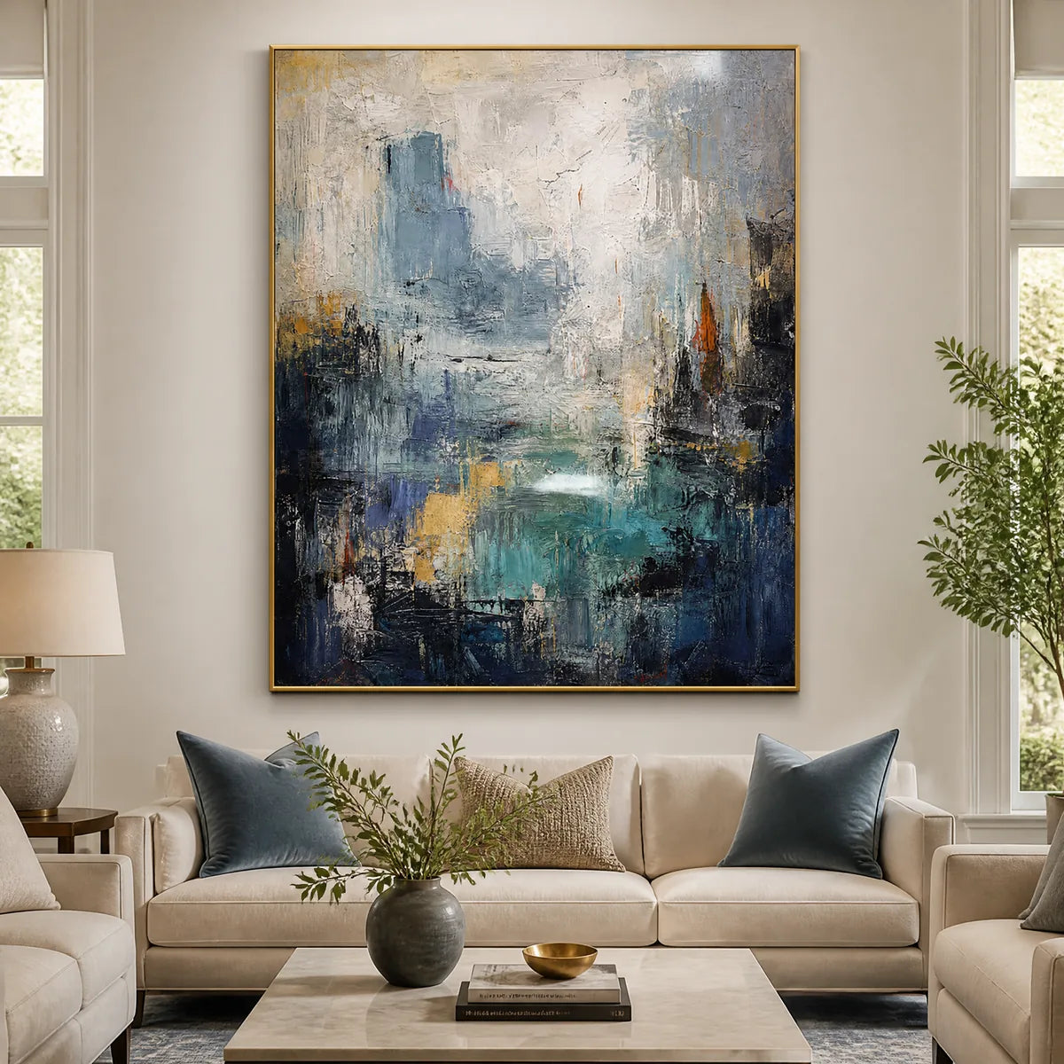 Blue Veil: Abstract Cityscape Wall Art - living room gold frame