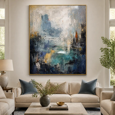 Blue Veil: Abstract Cityscape Wall Art - living room gold frame