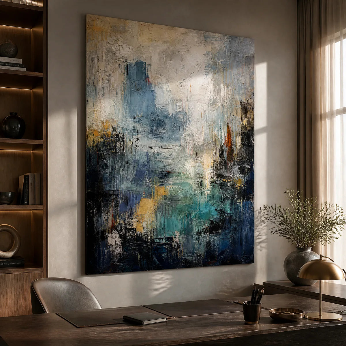 Blue Veil: Abstract Cityscape Wall Art - office stretched canvas