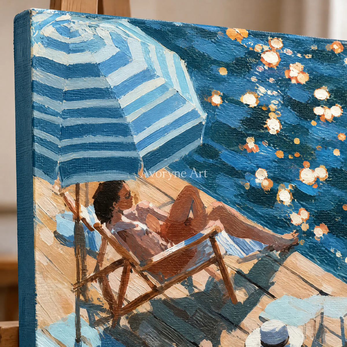 Ivory Amber Solace: Blue Waterside Art — detail easel