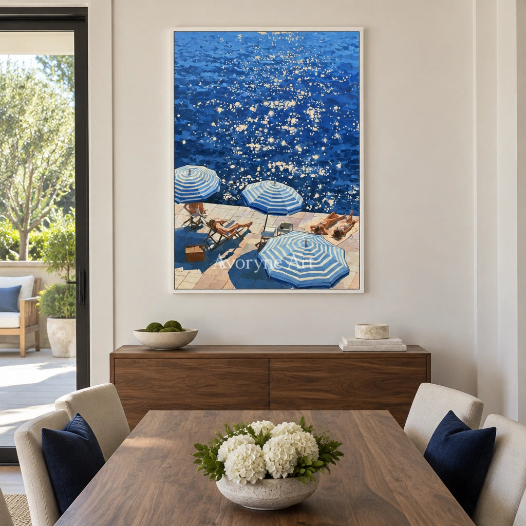 Ivory Amber Meadow: Blue Waterside Art — dining white