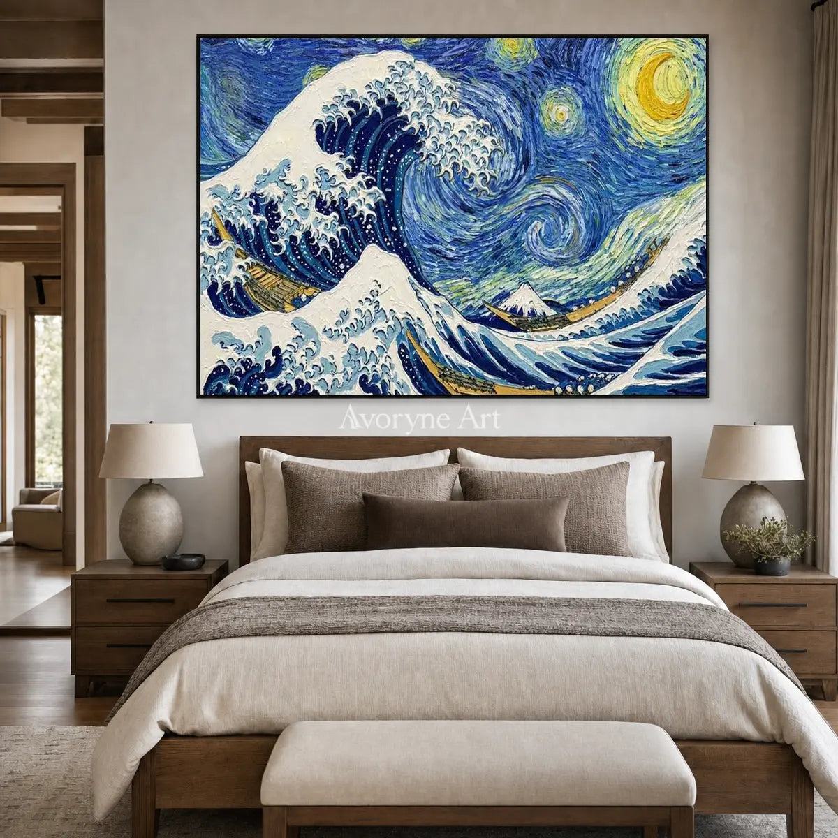 Midnight Breaker: Blue Wave and Starry Sky Wall Art — bedroom black