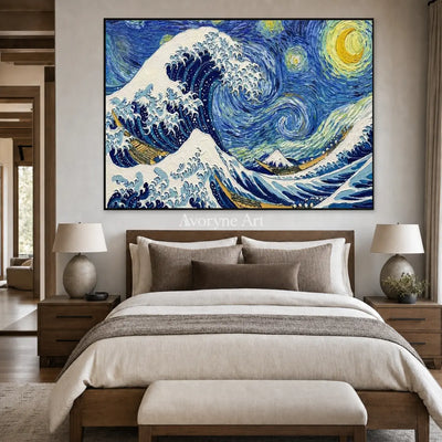 Midnight Breaker: Blue Wave and Starry Sky Wall Art — bedroom black