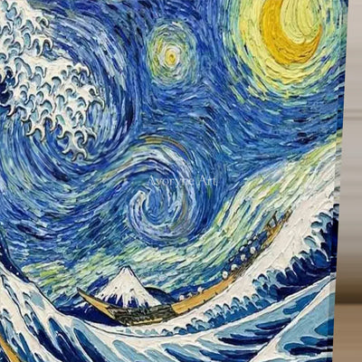 Midnight Breaker: Blue Wave and Starry Sky Wall Art — detail easel