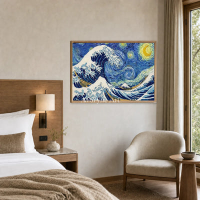 Midnight Breaker: Blue Wave and Starry Sky Wall Art — hotel wood