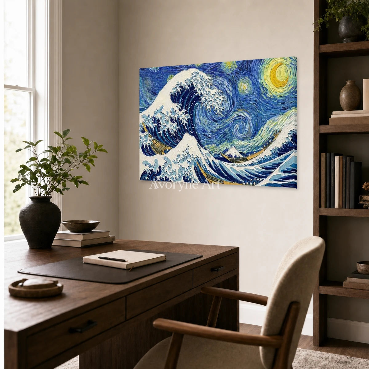Midnight Breaker: Blue Wave and Starry Sky Wall Art — office frameless
