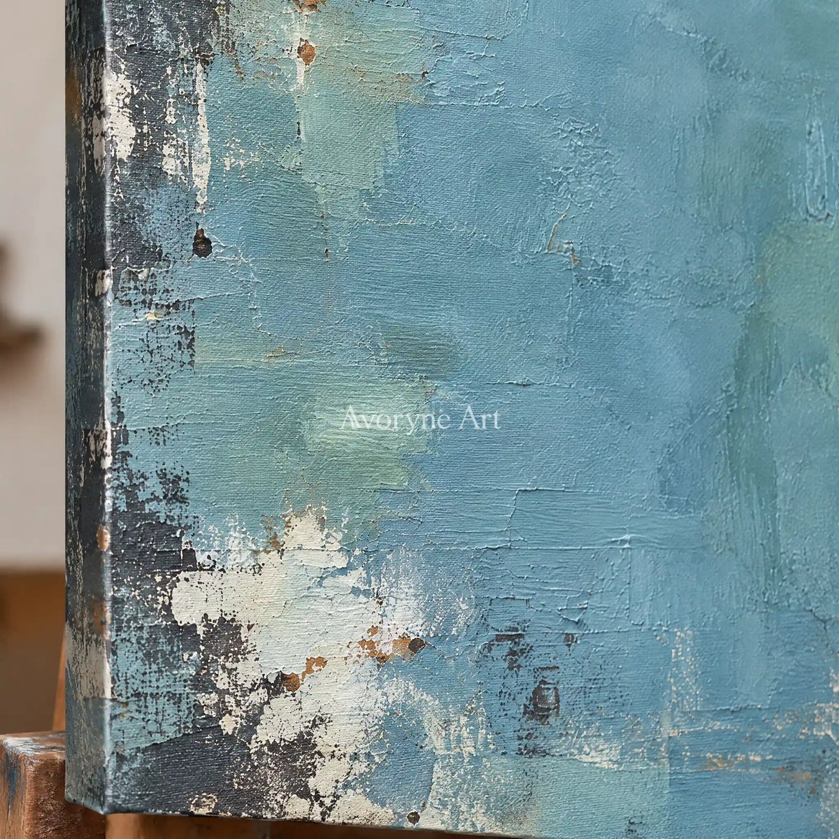 Blue Patina: Blue Weathered Abstract Wall Art — detail easel