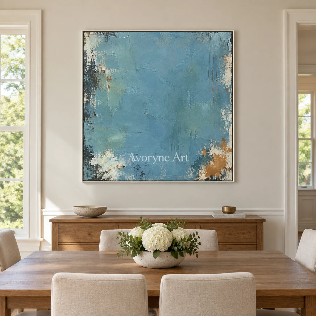 Blue Patina: Blue Weathered Abstract Wall Art — dining white