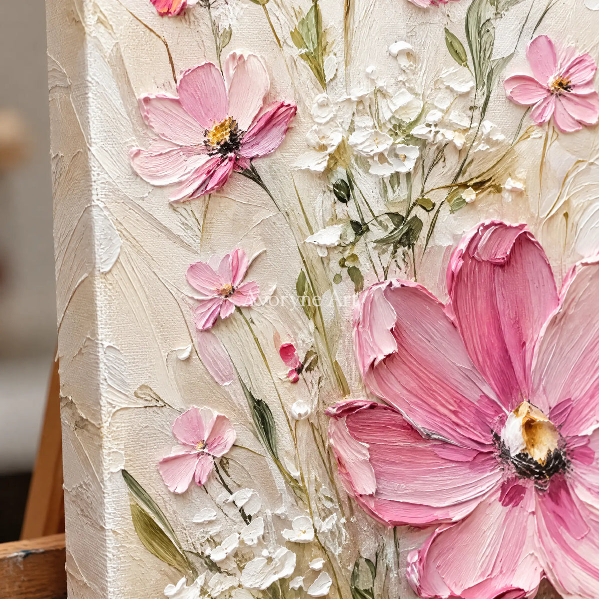 Aster Leaf: Blush Blossom Relief — detail easel
