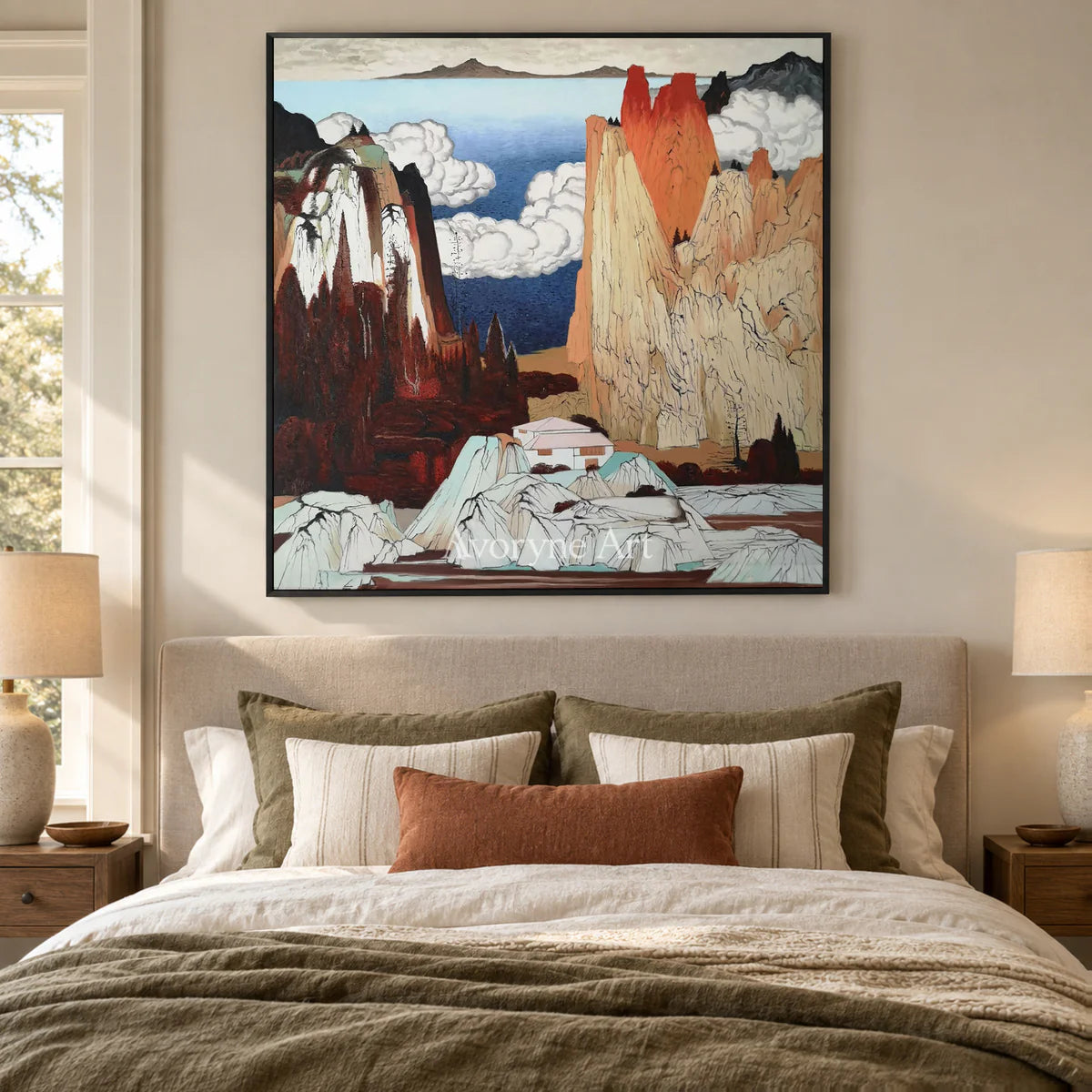 Vermilion Heights: Brown Chinoiserie Mountain Landscape Wall Art — bedroom black