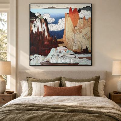 Vermilion Heights: Brown Chinoiserie Mountain Landscape Wall Art — bedroom black