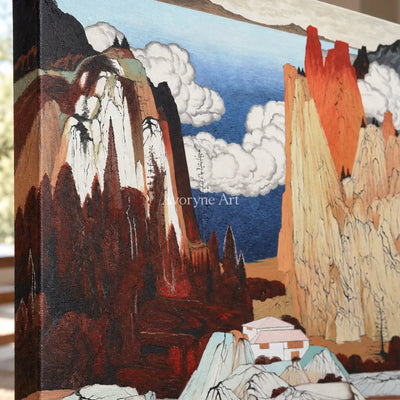 Vermilion Heights: Brown Chinoiserie Mountain Landscape Wall Art — detail easel