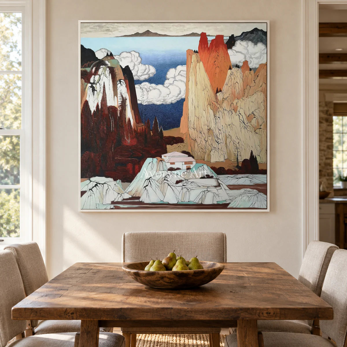 Vermilion Heights: Brown Chinoiserie Mountain Landscape Wall Art — dining white
