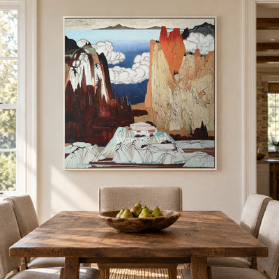 Vermilion Heights: Brown Chinoiserie Mountain Landscape Wall Art — dining white