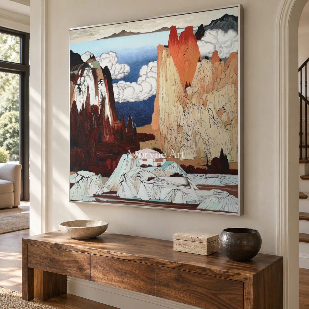 Vermilion Heights: Brown Chinoiserie Mountain Landscape Wall Art — entry silver