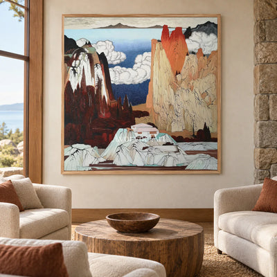 Vermilion Heights: Brown Chinoiserie Mountain Landscape Wall Art — hotel wood