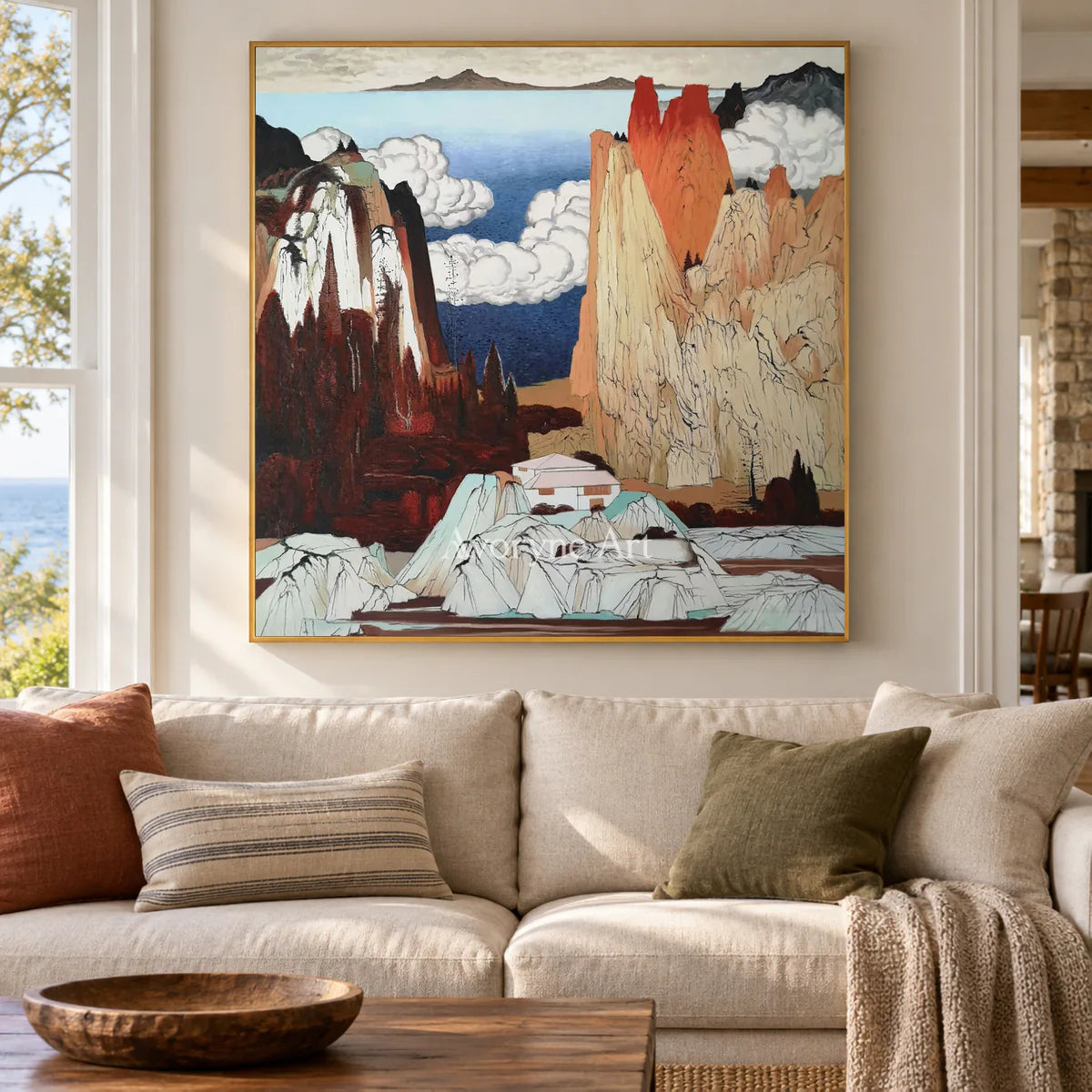 Vermilion Heights: Brown Chinoiserie Mountain Landscape Wall Art — living gold