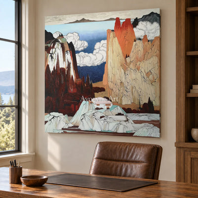 Vermilion Heights: Brown Chinoiserie Mountain Landscape Wall Art — office frameless