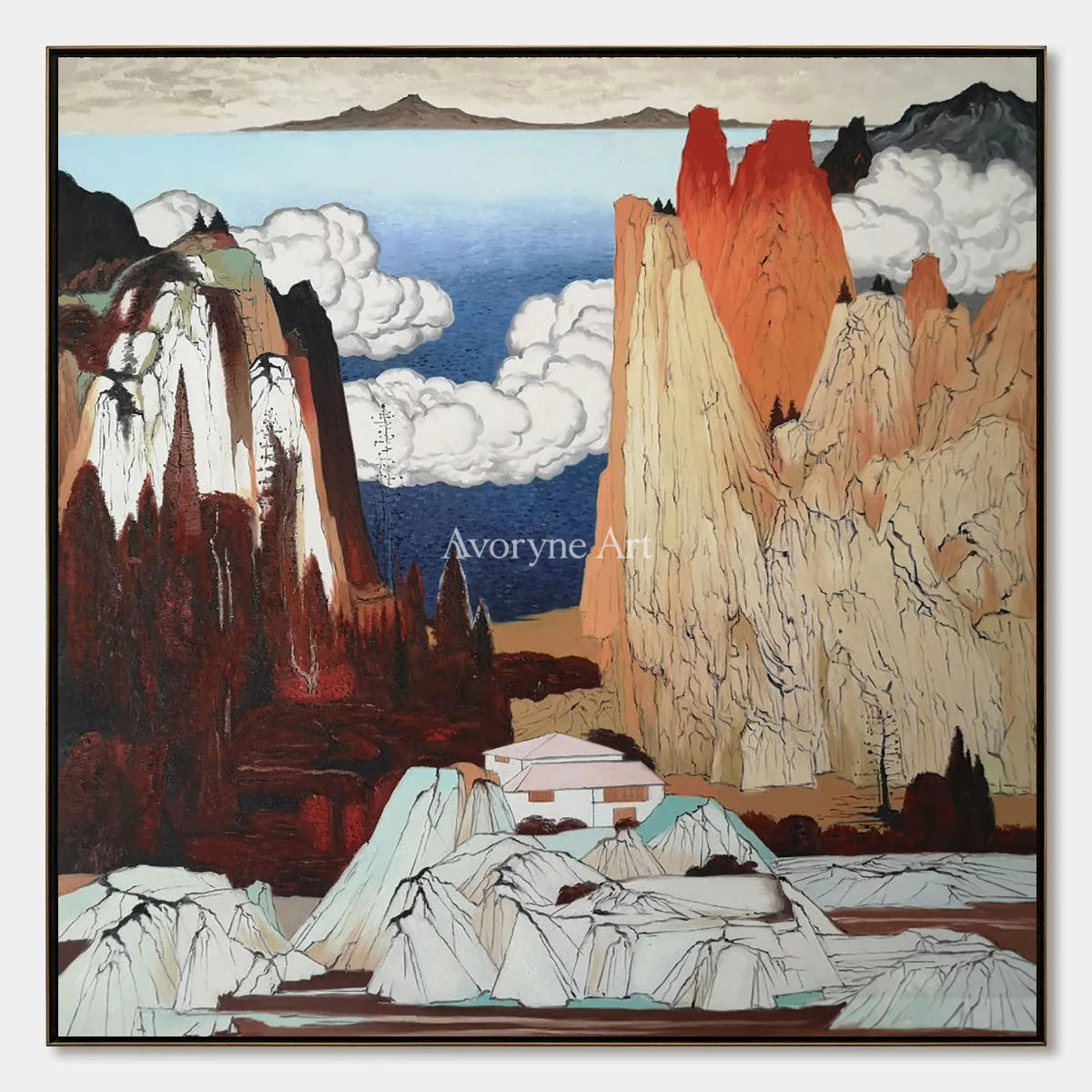 Vermilion Heights: Brown Chinoiserie Mountain Landscape Wall Art — primary