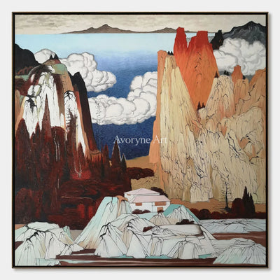 Vermilion Heights: Brown Chinoiserie Mountain Landscape Wall Art — primary