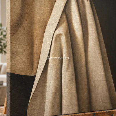 A Fold of Afternoon: Brown Draped Fabric Still Life Wall Art — detail easel