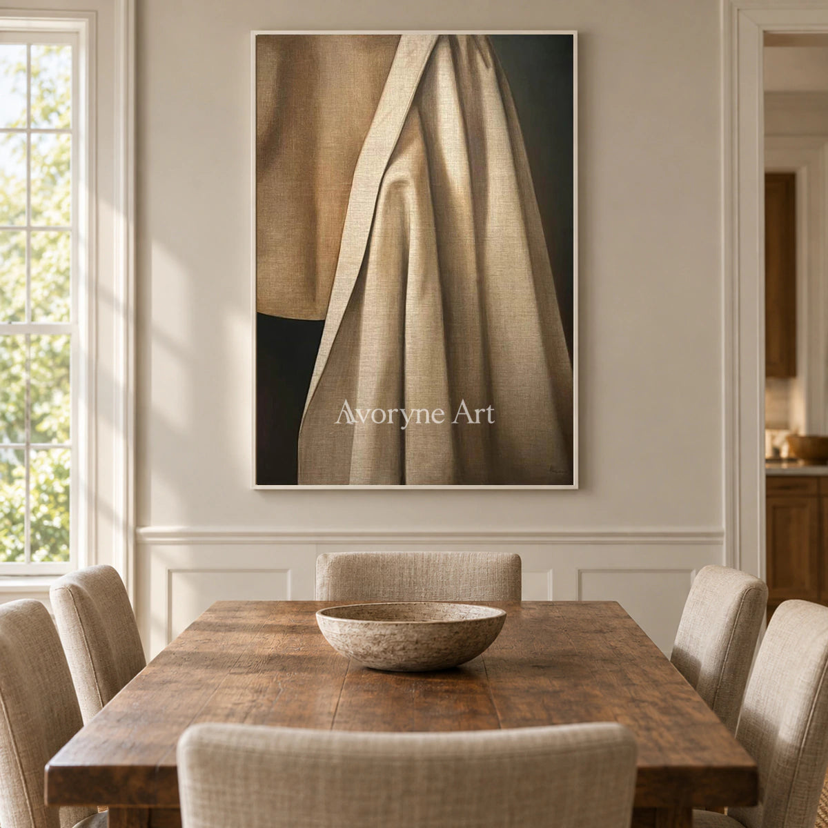 A Fold of Afternoon: Brown Draped Fabric Still Life Wall Art — dining white