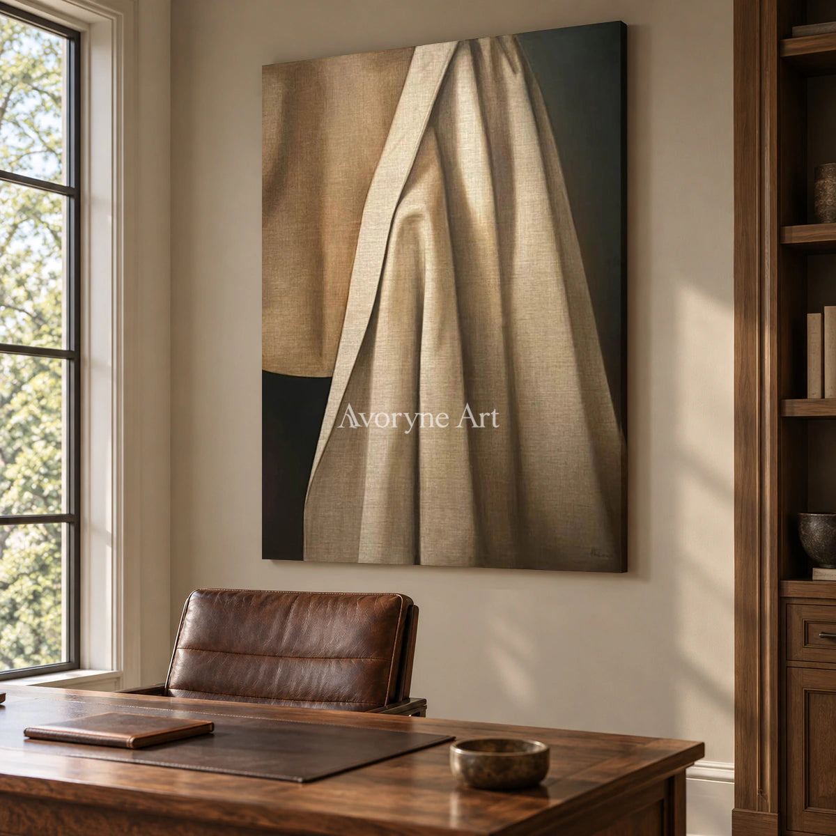 A Fold of Afternoon: Brown Draped Fabric Still Life Wall Art — office frameless