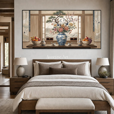 Window of Plenty: Brown Floral Vase Panoramic Still Life Wall Art — bedroom black