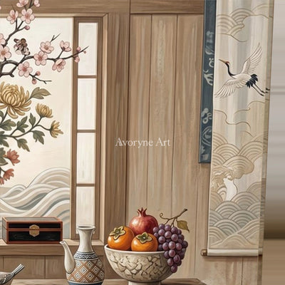 Window of Plenty: Brown Floral Vase Panoramic Still Life Wall Art — detail easel