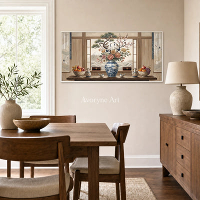 Window of Plenty: Brown Floral Vase Panoramic Still Life Wall Art — dining white
