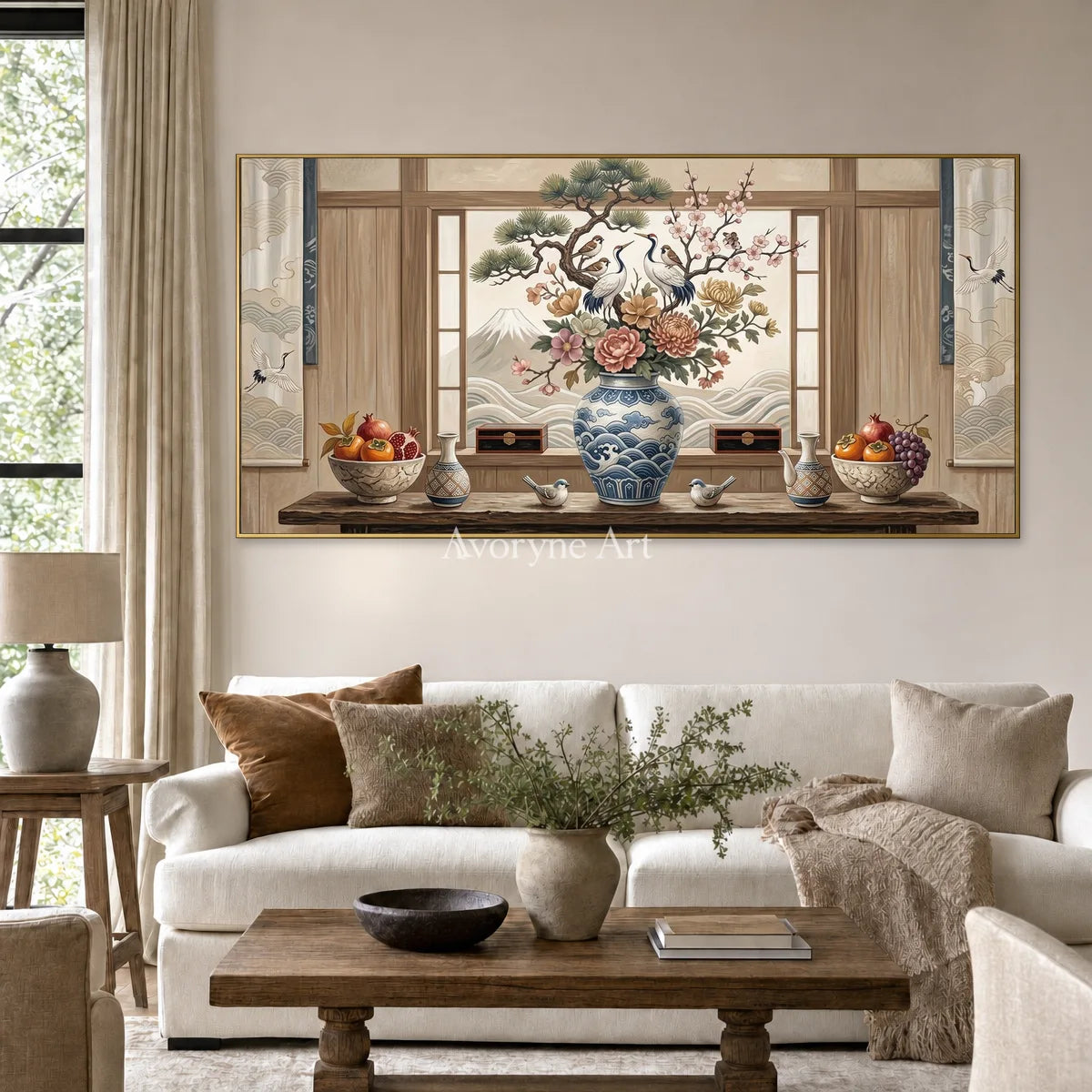 Window of Plenty: Brown Floral Vase Panoramic Still Life Wall Art — living gold