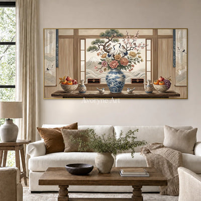 Window of Plenty: Brown Floral Vase Panoramic Still Life Wall Art — living gold