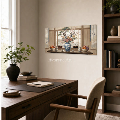 Window of Plenty: Brown Floral Vase Panoramic Still Life Wall Art — office frameless