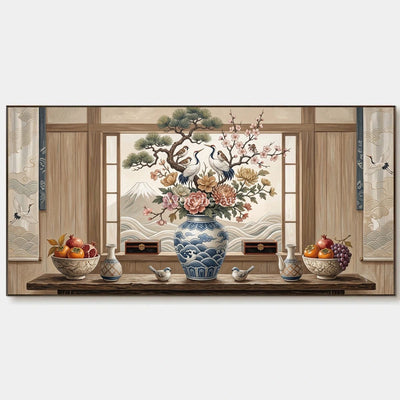 Window of Plenty: Brown Floral Vase Panoramic Still Life Wall Art — primary
