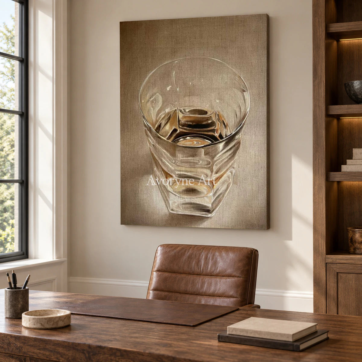 Light in a Tumbler: Brown Glass Tumbler Still Life Wall Art — office frameless