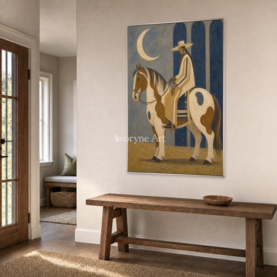 Moonlit Pinto: Brown Horse and Rider Vertical Wall Art — entry silver
