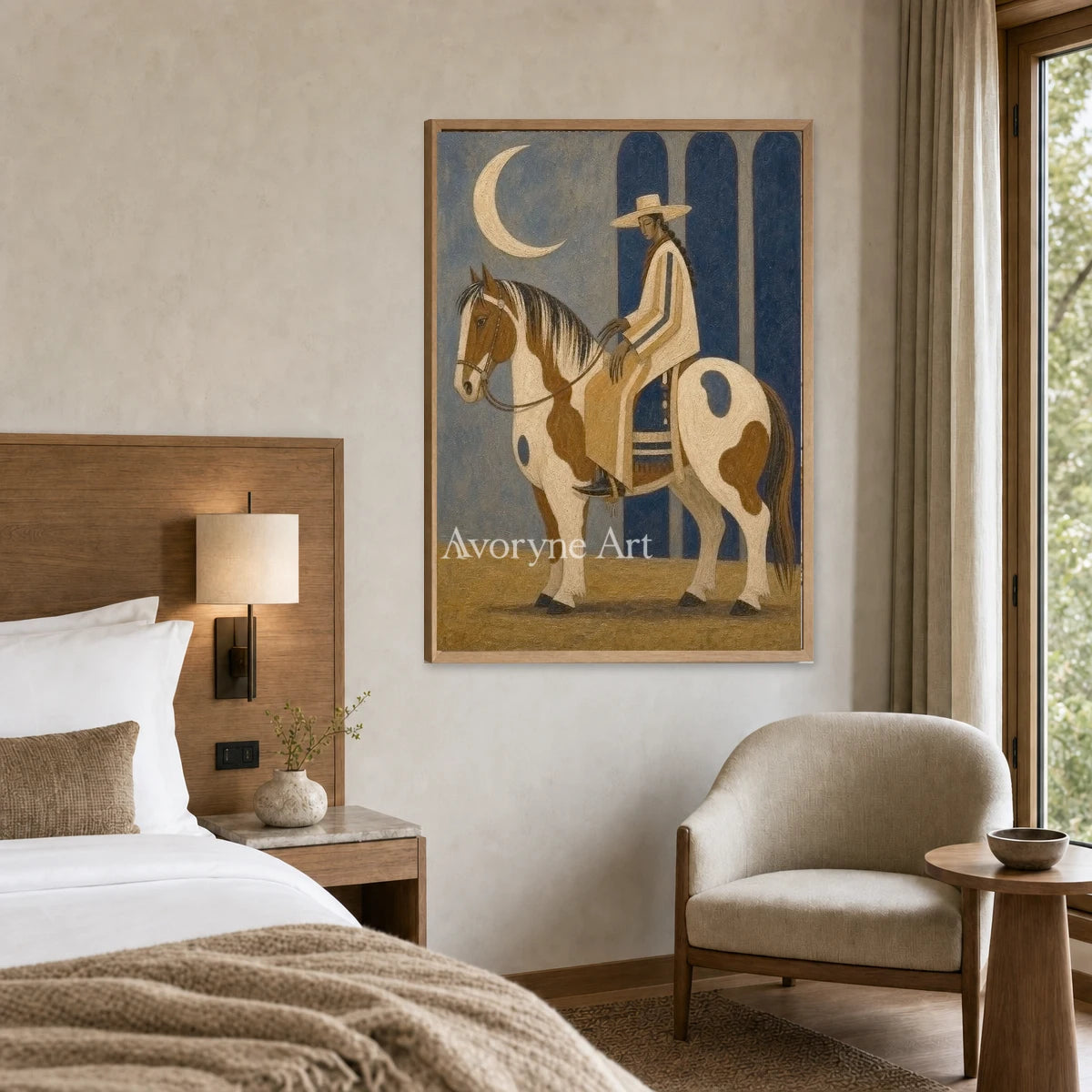 Moonlit Pinto: Brown Horse and Rider Vertical Wall Art — hotel wood