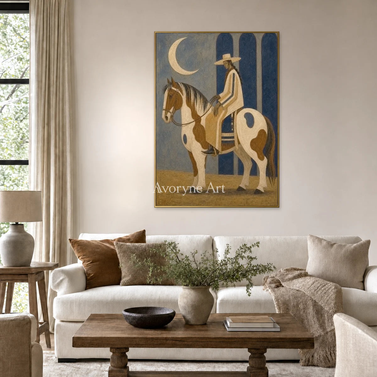 Moonlit Pinto: Brown Horse and Rider Vertical Wall Art — living gold