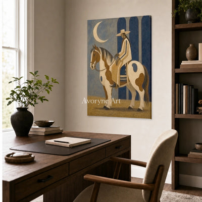 Moonlit Pinto: Brown Horse and Rider Vertical Wall Art — office frameless